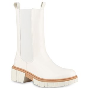 VAN HILL Damen Plateaustiefel Stiefel Blockabsatz Profil-Sohle Schuhe 838051, Farbe: Weiß, Größe: 36