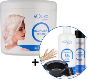 Blondiercreme Set mit Cremeoxydant 3% (500ml) + Handschuhen, Färbeschale, Färbepinsel und Tiefenreinigungsshampoo - zum blondieren oder aufhellen der Haare | Blondierung bis zu 9 Stufen heller