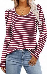 ASKSA Damen T-Shirt Rundhals Langarmshirt Puffaermel Gestreiftes Basic Leicht Laessig Bottoming Bluse Elegant Oberteile (Rot,XL)