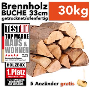 Brennholz Kaminholz Feuerholz Buche 30kg im Karton / 33cm Länge ofenfertig gesägt gespalten getrocknet (firewood beech / bois de chauffage hêtre) HOLZBRX