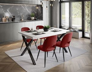 Zostava nábytku X ART- O so 4 stoličkami, čierna / biela matná Čalúnená látka: červený zamat
