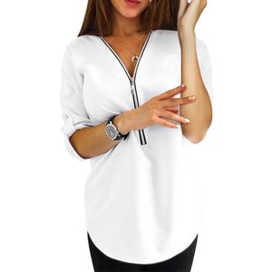 Plus Size V-Ausschnitt Reißverschluss lässig Top Langarm T-Shirt,Farbe: Weiß,Größe:3XL