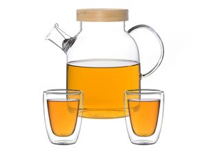 Kira Teeset / Teeservice / Teekanne Glas 1,6 liter mit Tüllensieb, Bambusdeckel und 2 doppelwandige Teegläser je 200ml