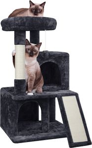 Yaheetech Kratzbaum Stabiler Katzenbaum 91 cm Katzenkratzbaum mit 2 Häuschen Sisal-Kratzstangen und Kuschelige Spielball Kletterbaum für Katzen, Schwarz