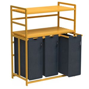 AdealDream Wäschekorb 150 l 3 Fächer 2 Regale ausziehbarer und abnehmbarer Wäschesack, Wäschesammler Bambus
