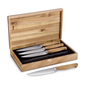 Springlane Steakmesser-Set 4-tlg., Olivenholz-Griffe 12,5 cm Klingenlänge aus deutschem Stahl inkl. Geschenkbox