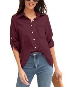 Damen Hemden Langarm T-Shirts Arbeiten Button T-Shirts Lässige Tops Revers Halsbluse, Farbe:Bordeaux, Größe:S