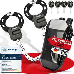 ATHELON® E Scooter Schloss [extra sicher] - Langes & schnittfestes Handschellenschloss für E-Scooter mit Kratzschutz inkl. Zubehör [Case & 4 Schlüssel] - für Roller, Fahrrad, Anhänger oder Kinderwagen
