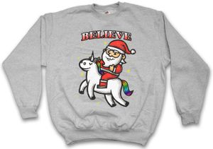 Urban Backwoods Believe Unicorn Santa Sweatshirt Pullover, Größe:2XL