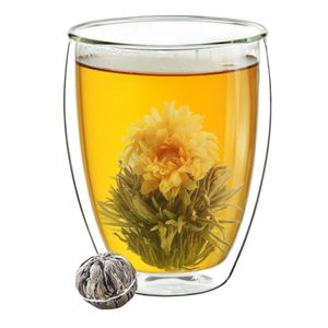 Creano Doppelwandiges Thermoglas "hoch" XXL, Extra Großes Hitzebeständiges Kaffeeglas / Teeglas | 400ml inkl. einer Teeblume