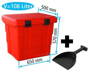 Daken Pitbox SB108-rot + Schaufel, Streugutbox, Streugutkiste, Lagerbox, Streugutbehälter, Streusalzbehälter, Transportbox, Salz Box, ca. 108 Liter