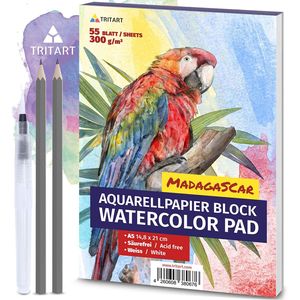 Tritart 55 Blatt Aquarellpapier A5 300g Set - Aquarellblock Din A5 - Aquarell Papier in Weiß - Malpapier inkl. Water Brush Wassertankpinsel und 2 Bleistifte