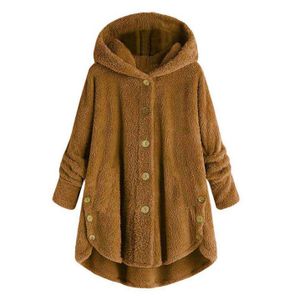 Damenjacke Modeknopf flauschige Woll-Kapuzenjacke lockere Winterwärme Übergröße,L