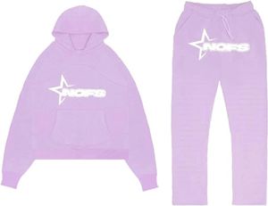 ASKSA Trainingsanzug Set Buchstaben Druck Jogginghosen Y2K Hip Hop Kapuzenpullover Streetwear, Lila, M