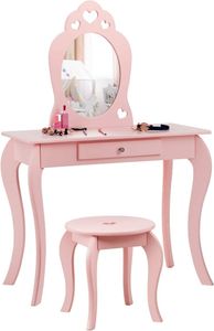 COSTWAY Dětský toaletní stolek 70x34x105cm se stoličkou, zásuvkou a odnímatelným zrcadlem Dřevěný toaletní stolek růžový