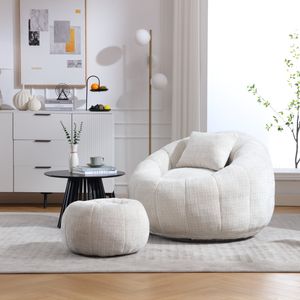 Flieks Sitzsack mit Fußhocker, 360° Drehbar Bean Bag, Bodenkissen Relaxsessel mit Sitzhocker, Bodensessel Freizeitsessel Fernsehsessel, Chenille Beige