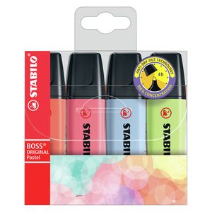 Textmarker - STABILO BOSS ORIGINAL Pastel - 4er Pack - Korallrot, Kirschblütenrosa, Wolkenblau, Prise von Limette