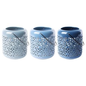 Rivanto® Blautöne Keramik Windlicht Größe L mit Griffbügel, farbig sortiert, glänzende Optik, Tee Licht, Gartendekoration, Beleuchtung