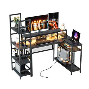 WASAGUN Schreibtisch, L-förmiger Computertisch mit Regal, Gaming Schreibtisch mit LED Licht, Monitorständer, Steckdose und USB, Schwarz