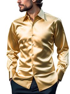 Herren Hemden Glänzendes Hemd Slim Fit Freizeithemd Sommershirt Langarm Shirts Tops Gelb,Größe XS