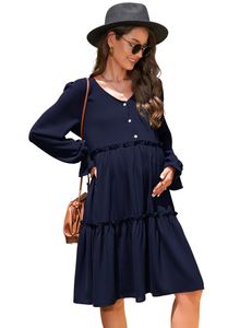 Acekool Umstandskleid V-Ausschnitt Stillkleid Langarm Schwangerschaftskleid, Navyblau, S