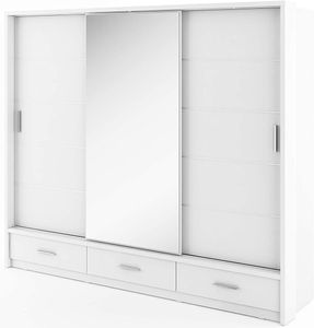 Furniture24 Schwebetürenschrank Kleiderschrank Schiebetürenschrank AR-01 ARTI Garderobenschrank mit Spiegel 3 Schubladen und Beleuchtung Weiß Matt, 250 cm breit