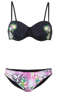 2 tlg Bügel Bikini 38 (75) Cup C Schwarz Pink Grün Bedrückt Damen