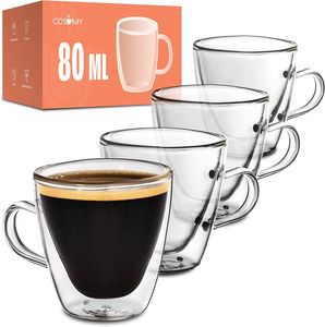 4 doppelwandige Espresso Thermogläser mit Henkel 80ml - Hält lange warm - Schützt deine Hände - Mit Geschenkbox