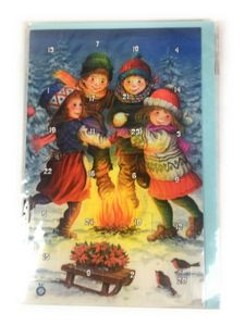 Adventskalender 12 x 17 cm, mit Glitzer  4 Kinder am Lagerfeuer