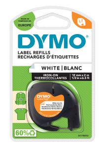 DYMO Original LetraTag Etikettenband AUFBÜGELBAR | 12mm x 2 m | schwarz auf weiß | für LetraTag-Beschriftungsgerät