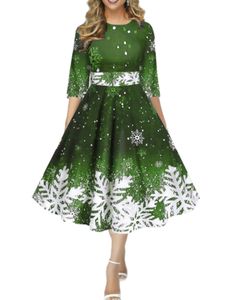 Damen Crew Neck Weihnachts Abendkleider Urlaub Schneeflocken Druck Party Temperament Gnade, Farbe:Grün, Größe:4xl