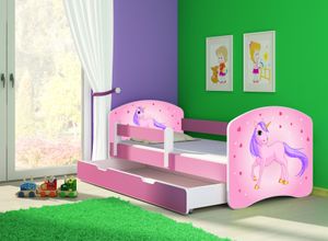 ACMA Jugendbett Kinderbett Junior-Bett Komplett-Set mit Matratze Lattenrost und Rausfallschutz Rosa 17 Pony 140x70 + Bettkasten