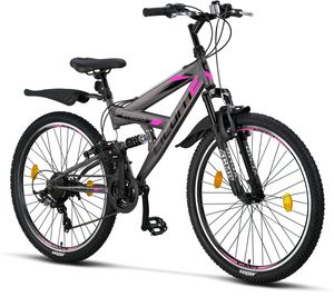 Licorne Bike Strong V Premium Mountainbike in 24 und 26 Zoll - Fahrrad für Jungen, Mädchen, Damen und Herren - Shimano 21 Gang-Schaltung - Vollfederung, Farbe:Anthrazit/Rosa, Zoll:26