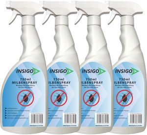 INSIGO 4x750ml Anti-Milbenspray, Mittel gegen Milben Milbenbefall  Milbenfrei Schutz gegen Eier auf Wasserbasis, fleckenfrei, geruchlos, mit Schnell- & Langzeitwirkung frei EX