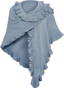 Poncho Damen Strick Wolle Trachtenumhang Cape Winterumhang Stola, Strickponcho Rüschen Blau Mittelblau