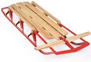 COSTWAY Schlitten Holzschlitten, Schlitten Kinder 137 cm, Davoser Rodel Holz & Metall, Kinderschlitten Schneeschlitten 150 kg belastbar für Kinder und Erwachsene, Rot + Natur