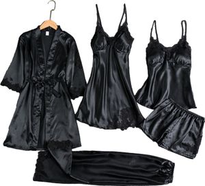 5-teiliges Pyjama-Set für Damen, Nachthemd, Oberteil, Shorts, Hosen, seidig, Satin, Spitze, Patchwork, lockere Schnürung, Taille, dünnes Damen-Homewear-Set, Nachtwäsche-Set