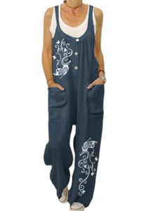 Damen mit Weitbein -Overalls im Sommer Tierdruck Lange Hosen Freizeitknöpfe Dekor Strampler, Farbe:4 Blau, Größe:3xl