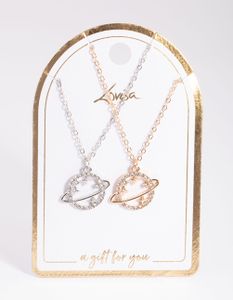 Mixed Metal Diamante Saturn Necklace 2-Pack