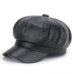 Kunstleder Zeitungsjunge Baskenmütze für Damen,Schirmmütze Newsboy Barett Hut Maler Kappe, Herbst Winter Cap(black)
