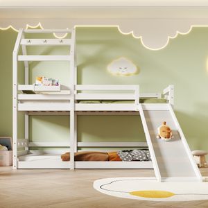 Kinderbett Baumhaus mit Rutsche & Leiter 90 x 200 cm, Hochbett für Kinder– 2x Lattenrost, Weiß