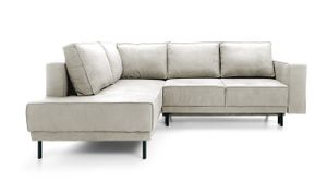 Ecksofa Rodario mit Schlaffunktion, Easy-Clean-Veloursbezug in Hellbeige, linksseitig