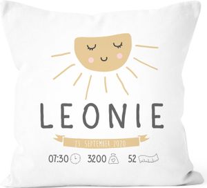 personalisierbares Kissen zur Geburt, Geburtskissen Wolke Sonne personalisiertes Geschenk Daten Geburt Baby SpecialMe® Sonne weiß 40cm x 40cm