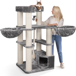 HAPPYPET Kratzbaum stabil 'Oscar' - 161 cm hoch, Katzenbaum für große Katzen Maine Coon, 12 cm Dicke Sisalstämme, 600g Plüsch, Grau