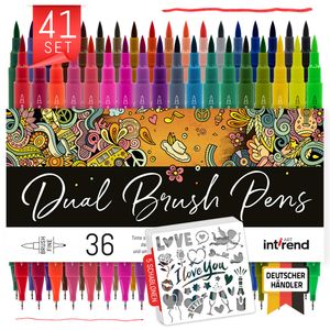 int!rend Dual Tip Brush Pen Set - 36 Farben Pinselstifte + 5 Schablonen - Bullet Journal dicke und dünne Stifte - Filzstifte Art Marker Set für Erwachsene und Kinder