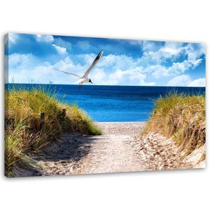 Feeby Leinwandbild Wandbilder 100x70 Horizontal Landschaften Blau Strand Meer Dünen Möwen