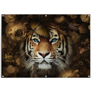 Gartendeko Gartenposter Tiger Tierreich - Blumen - Herbstfarben - Blaue Augen