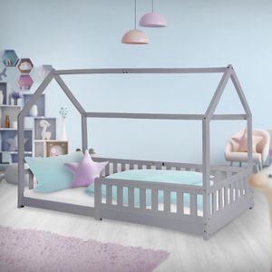 ML-Design Kinderbett mit Rausfallschutz, Dach und Lattenrost, 90x200 cm, Hellgrau