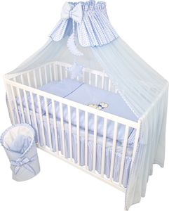 13 Teiliges Babybett Kinderbett und Bettwäsche komplett Set Timmi inkl. Matratze höhenverstellbar für Neugeborene Babys und Kleinkinder aus Massivholz bestickt (Teddybär Mond Blau) 13 Teiliges Babybett Kinderbett und Bettwäsche komplett Set Timmi inkl. Matratze höhenverstellbar für Neugeborene Babys und Kleinkinder aus Massivholz bestickt (Teddybär Mond Blau)