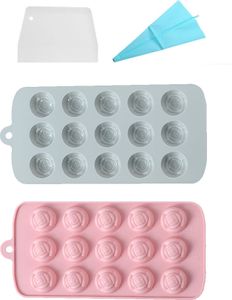 2 kusy Mini Rose čokoládové formy s 15 plísněmi, nepřilnavé silikonové formy na pečení pro výrobu kostek ledu, želé, čokolády, mýdla, s potrubím a škrabkou